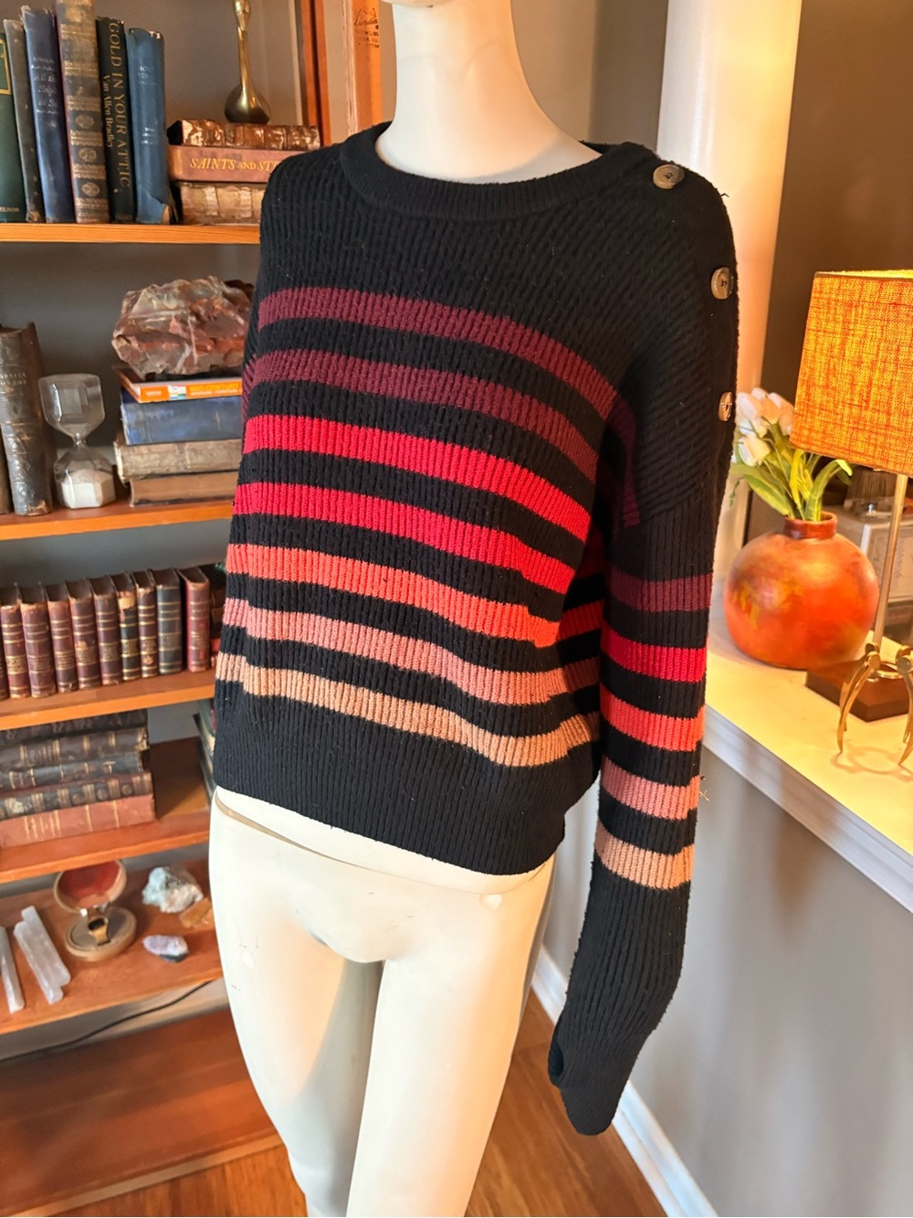Tahari Black Crewneck Sweater with Red, Pink & Brown Stripes SIZE UNKNOWN